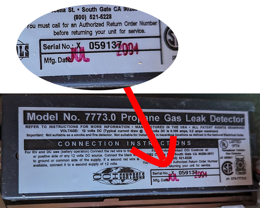 Image showing an RV Propane detector's usually date stamp